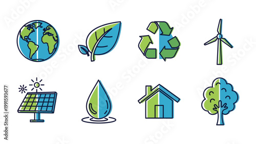 Eco-Friendly Icons: Collection of environmentally conscious symbols. Illustrating concepts such as sustainability, renewable energy, and ecological responsibility.
