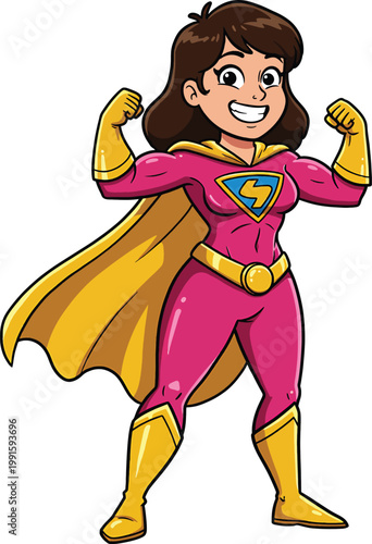 Cartoon female superhero character with brown hair wearing a pink suit and yellow cape flexing her muscles in a victory pose on a white background