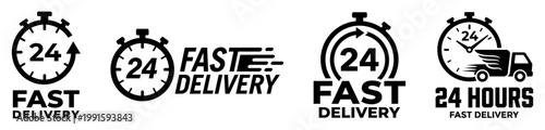 24 Hours Fast Delivery Service Icon Set - Express Shipping and Logistics Symbols