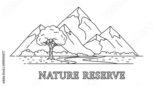 Nature Reserve Illustration: A line art illustration depicts a serene nature reserve, showcasing majestic mountains, a flowing river, and a solitary tree.
