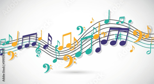Colorful musical notes on flowing staff lines background.