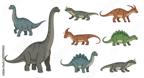 Collection of toy dinosaur figures in various poses and colors.
