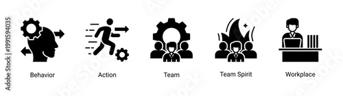 Kaizen team and behavior icon set representing team collaboration,behavior,and workplace culture in kaizen methodology.Ideal for HR,teamwork,and organizational development projects.