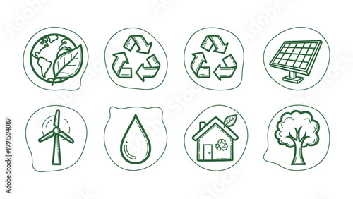 Eco-Friendly Badges of Sustainability: An array of eco-friendly badges, each bearing a unique emblem symbolizing elements of sustainability, are artfully arranged.