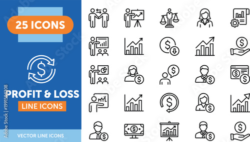 25 profit and loss line icons set in flat design vector illustration for business and finance