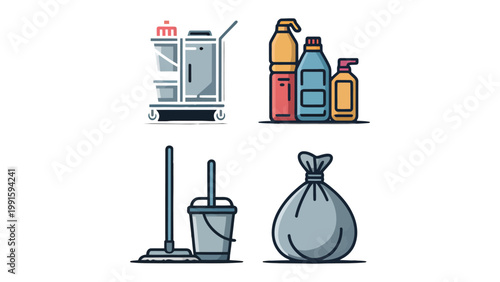 Cleaning Essentials Illustration: An illustration showcasing essential cleaning supplies, including a cleaning cart, spray bottles, a mop, bucket, and a garbage bag.