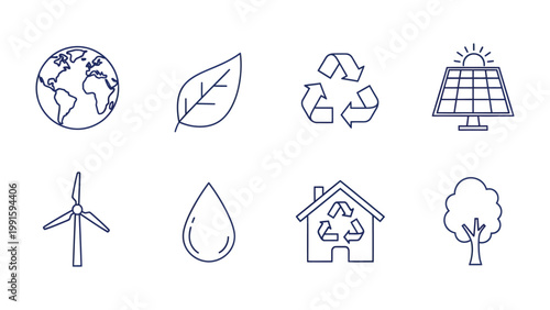 Eco-Friendly Icon Set: A collection of minimalist line icons representing sustainability, environmental consciousness, and renewable energy sources.