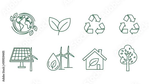 Eco Icons: A set of clean, minimalist line icons representing concepts such as sustainability, green energy, and environmental awareness, perfect for conveying eco-friendly themes. 