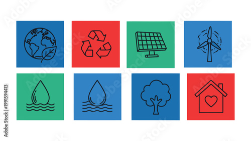 Eco-Friendly Icons: A vibrant composition of environmental symbols. conveying messages of conservation, sustainability, and green initiatives, emphasizing our dedication to a greener earth.