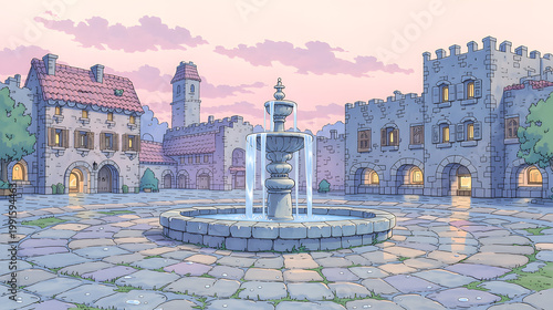 Charming Evening Scene of a Medieval Town Square with Fountain and Stone Architecture: A Serene Escape into a Historical Landscape