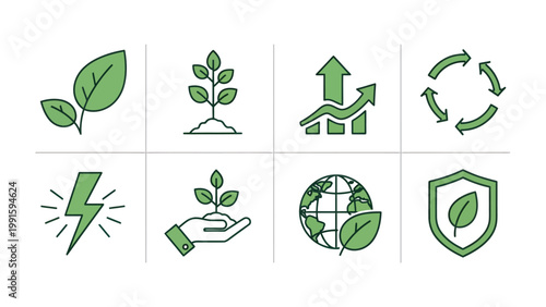 Eco-icons: A collection of vibrant icons embodies the essence of environmental protection and sustainability. These symbols represent eco-friendliness.