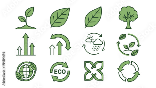 Eco-Friendly Icons: A collection of meticulously crafted icons embodying environmental consciousness, illustrating concepts like recycling, growth, and the delicate balance of nature.