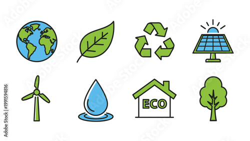 Eco-Friendly Icon Set: A collection of vibrant icons representing sustainability and environmental consciousness, promoting the values of a greener future. 