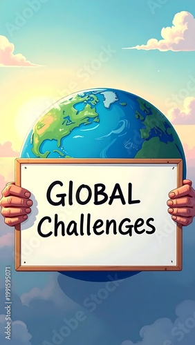 Earth Globe Illustration With Hands Holding A White Sign Reading Global Challenges Against A Bright Sunrise Background In Cartoon Style
