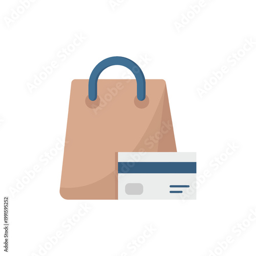 Paper shopping bag and credit card, flat icon representing online purchase and payment, contactless checkout concept, secure transaction, minimalist design for ecommerce and mobile commerce