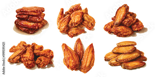Watercolor saucy glazed chicken wings arranged in stacks and piles for fast food snacks and meals, isolated on transparent background