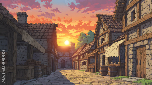 Charming Village at Sunset: A Serene Scene of Historical Architecture and Tranquil Cobblestone Streets Immersed in Warm Evening Light