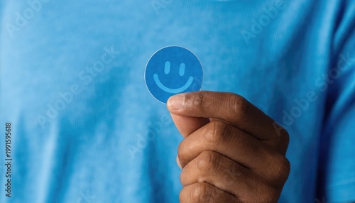 A close-up, shallow depth-of-field photograph showing a hand gently holding a small circular blue sticker with a simple smiling face icon