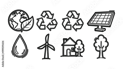 Eco-conscious Graphic:  A collection of hand-drawn icons that represent the core principles of environmental sustainability and eco-friendliness, a tribute to the planet's well-being. 