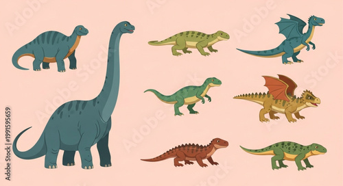 Collection of diverse cartoon dinosaurs in various poses and colors.