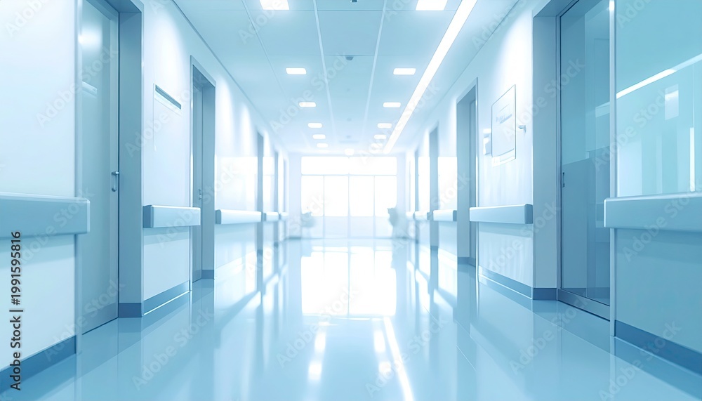 Obraz premium Long, empty hospital corridor with bright lighting