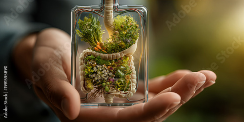 Educational device showcasing cooperation of cells and microbes within simulated intestinal