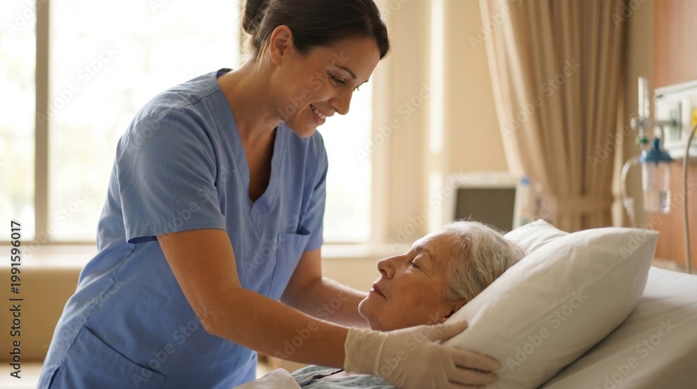 Fototapeta premium Compassionate nurse providing gentle care to elderly patient in hospital bed.