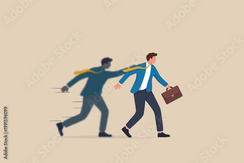 Businessman being pulled back by his own shadow vector cartoon illustration isolated on transparent background