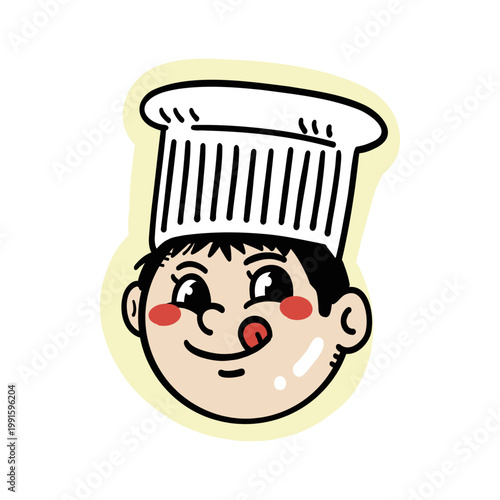 Cartoon Chef Boy Face - Cute vector illustration of smiling young chef with tall hat and rosy cheeks. Ideal for restaurant, bakery, cooking, kids menu, and food-related designs