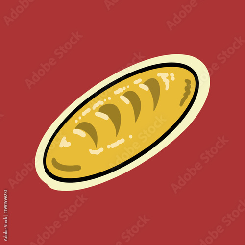 Cartoon Baguette Bread - Vector illustration of golden long bread loaf with classic slashes on red background. Ideal for food, bakery, menu, and culinary designs