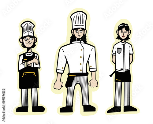 Cartoon Chef Characters Set - Vector illustration of three professional chefs in uniform (male and female) with various poses. Ideal for restaurant, food, cooking, menu, and hospitality designs