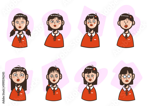 Cartoon Girl Character Set - Vector illustration of cute Korean schoolgirl in red uniform with multiple facial expressions and hairstyles. Perfect for educational materials, children's books, stickers