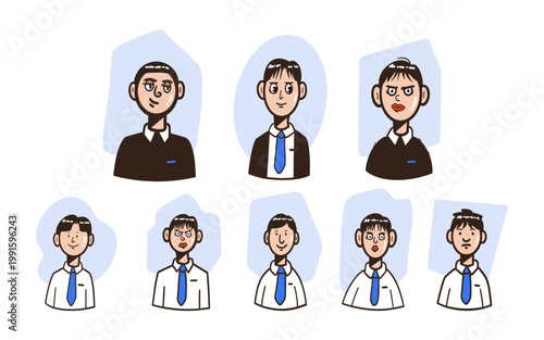 Cartoon Office Worker Set - Vector illustration of diverse business people in white shirts and ties with various facial expressions. Ideal for business, corporate, team, and office design projects