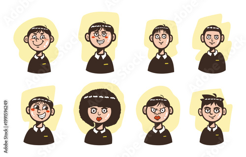 Cartoon Student Character Set - Vector illustration of cute kids in brown school uniform with diverse hairstyles and facial expressions. Ideal for education, avatars, stickers, and children's books
