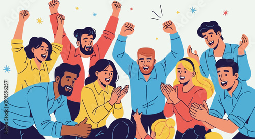 Diverse group of happy people celebrating success together.