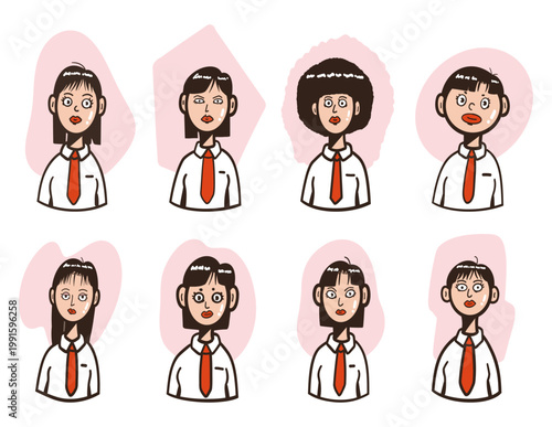 Cartoon Female Character Set - Vector illustration of cute girls with various hairstyles wearing white shirt and red tie. Ideal for avatars, stickers, educational materials, and web design