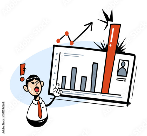 Businessman with Rising Graph - Cartoon vector illustration of excited man pointing at growing bar chart with red arrow. Ideal for business, finance, success, marketing, and presentation materials