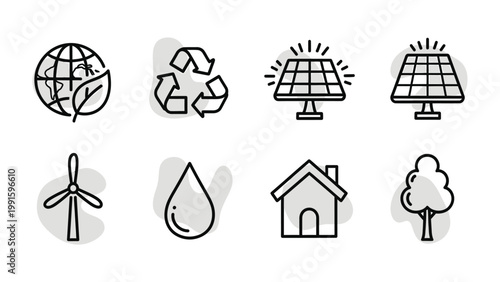 Eco-Friendly Icon Set: A comprehensive collection of minimalistic icons representing crucial elements for environmental protection and sustainable living.