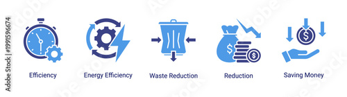 Kaizen efficiency icon set featuring cost reduction,energy efficiency,and lean management.Icon set for lean operations,cost saving,and efficiency improvement in business and industry.