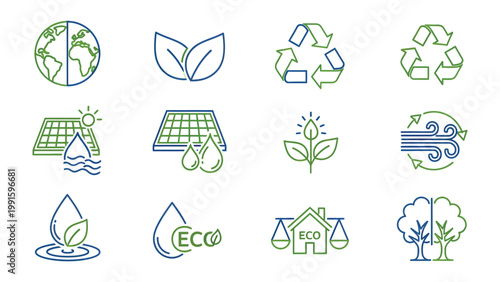 Eco-Friendly Symbols: A collection of meticulously designed icons embodying crucial elements of environmental sustainability, showcasing the harmonious blend of nature, conservation.