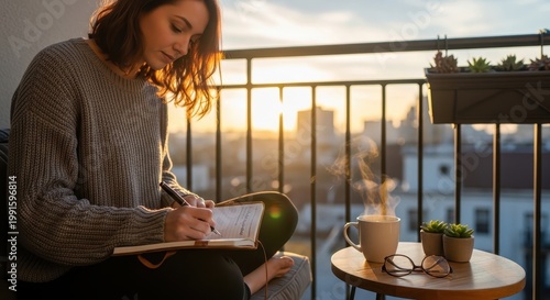 Woman writing journal on balcony at sunrise with coffee and plants, cozy morning routine, urban lifestyle viewpoint, calm peaceful concept