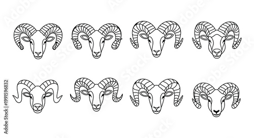 Line art illustration of multiple ram heads with curved horns