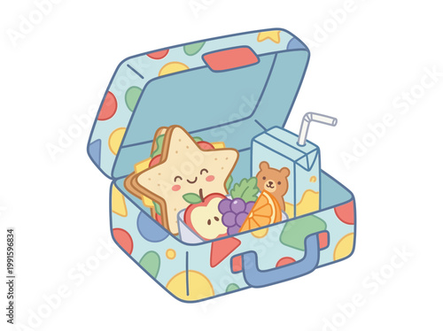 Cute Kawaii School Lunch Box Illustration With Star Sandwich and Fruit.