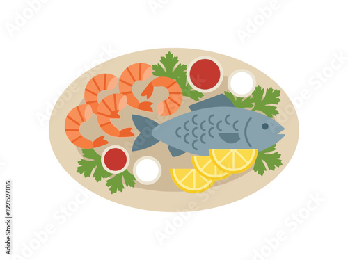 Fresh seafood platter with grilled fish shrimp lemon and sauce.