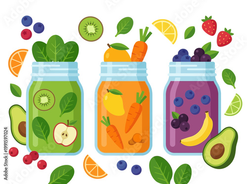 Three colorful fruit and vegetable smoothies in glass jars.