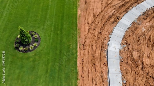 Aerial perspective showing the contrast between a finished landscaped garden with green grass and a construction zone with dirt and wet concrete