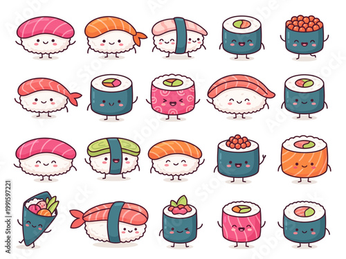 Cute cartoon sushi set with smiling faces.