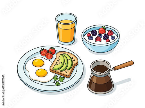 Healthy breakfast set with eggs avocado toast berries yogurt juice and coffee.