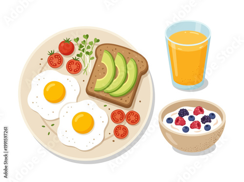 Healthy Breakfast Illustration with Fried Eggs Avocado Toast Orange Juice and Berry Yogurt.