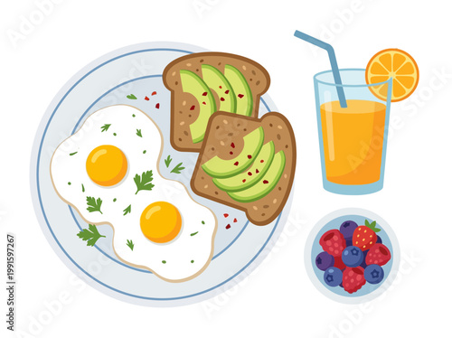 Healthy breakfast illustration featuring fried eggs avocado toast orange juice and fresh berries.